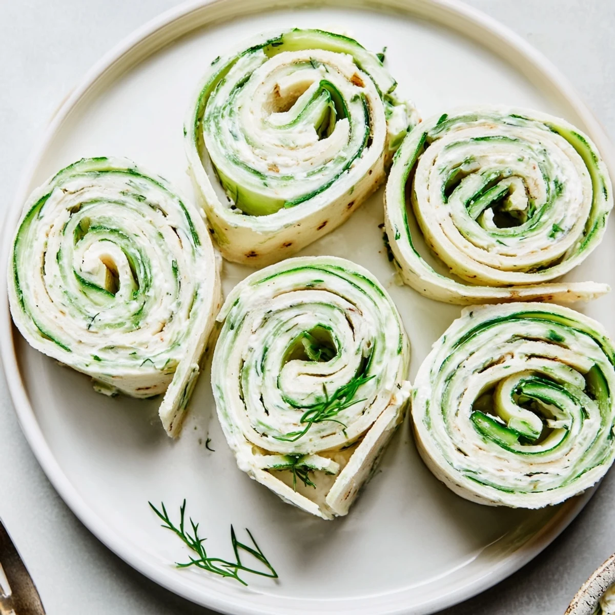 Soft tortilla Cucumber And Dill Pinwheels, tangy cream cheese, lemony dill aroma.