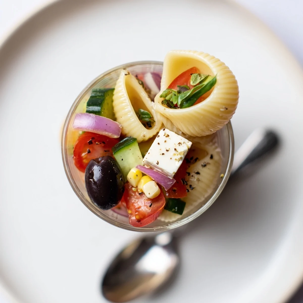 Pasta Salad Cups Recipe in clear cups with colorful veggies and feta  