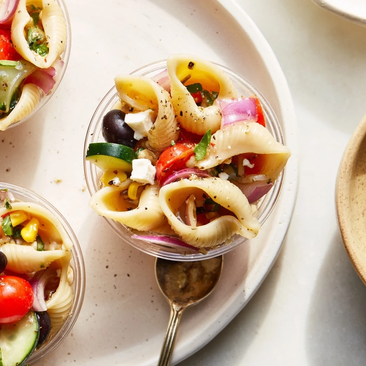 Chilled al dente pasta, crisp cucumber, tomato in Pasta Salad Cups Recipe