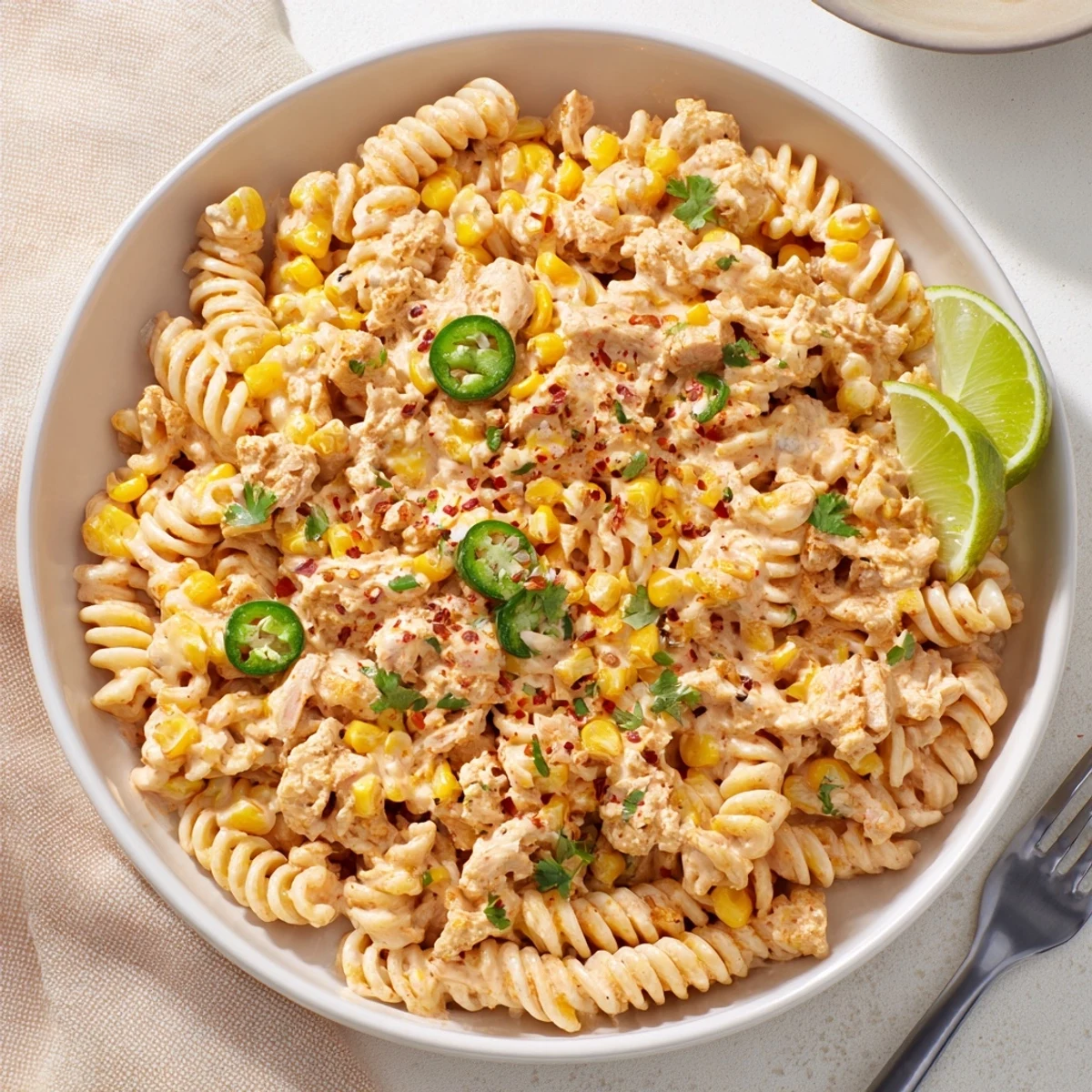 Juicy Street Corn Pasta Salad with charred corn, creamy lime dressing, cilantro served chilled