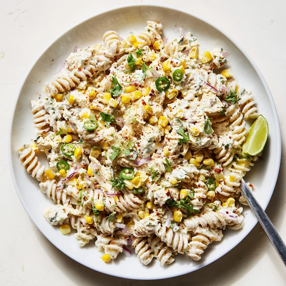 Summer-ready Juicy Street Corn Pasta Salad: fusilli, grilled corn, jalapeño, refreshing tang