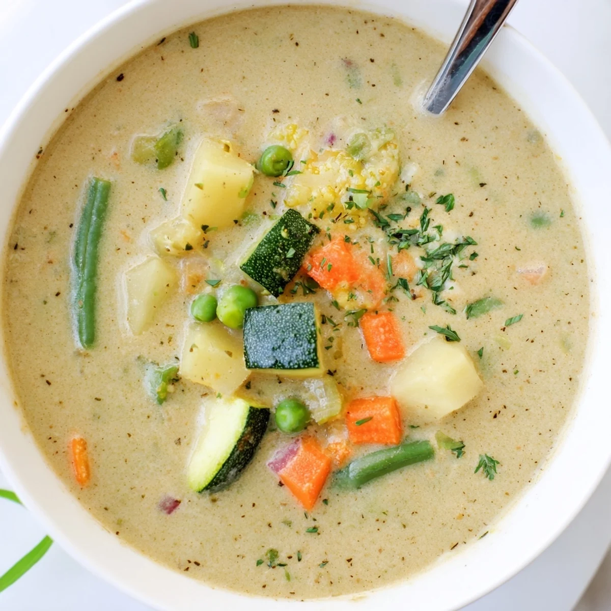 Creamy Vegetable Soup Recipe steaming in bowl, silky spoonful, warm herb aroma.