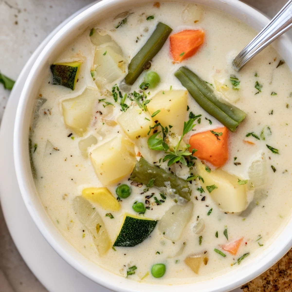 Warm, hearty bowl topped with parsley, classic Creamy Vegetable Soup Recipe.