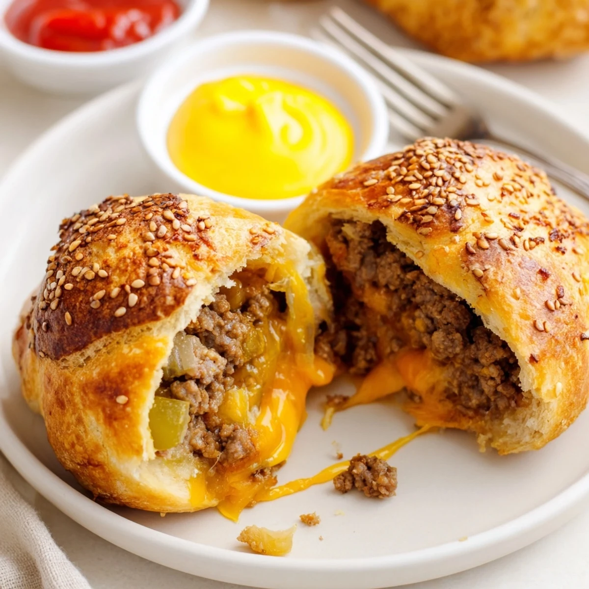 Cheesy Cheeseburger Bombs Explosion Recipe: golden biscuit-wrapped patties oozing melted cheddar  
