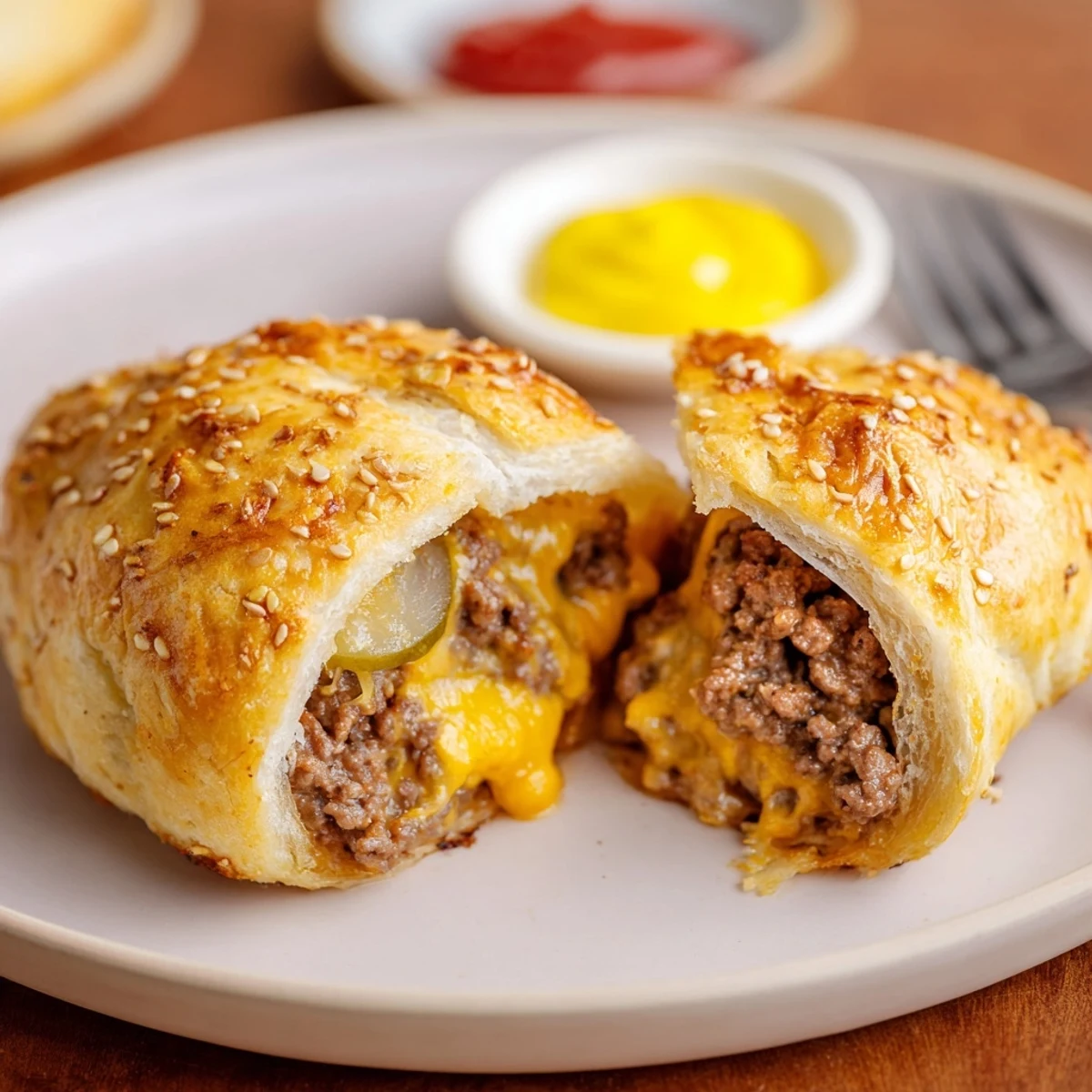 Oven-warm Cheesy Cheeseburger Bombs Explosion Recipe plated with ketchup and mustard for dipping  