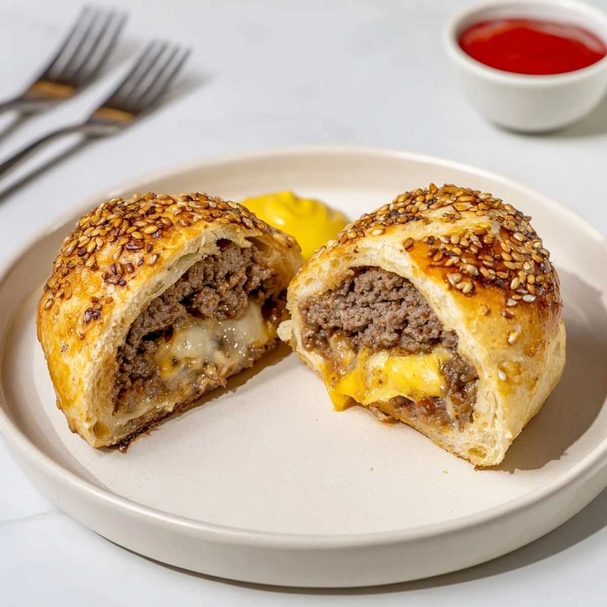 Crispy-browned Cheesy Cheeseburger Bombs Explosion Recipe revealing gooey mozzarella and tangy pickle bits