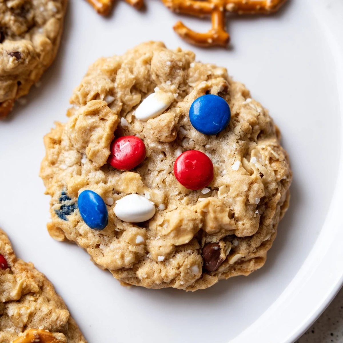 Patriotic Monster Cookies Recipe cooling on a rack, chewy oats, peanut butter.