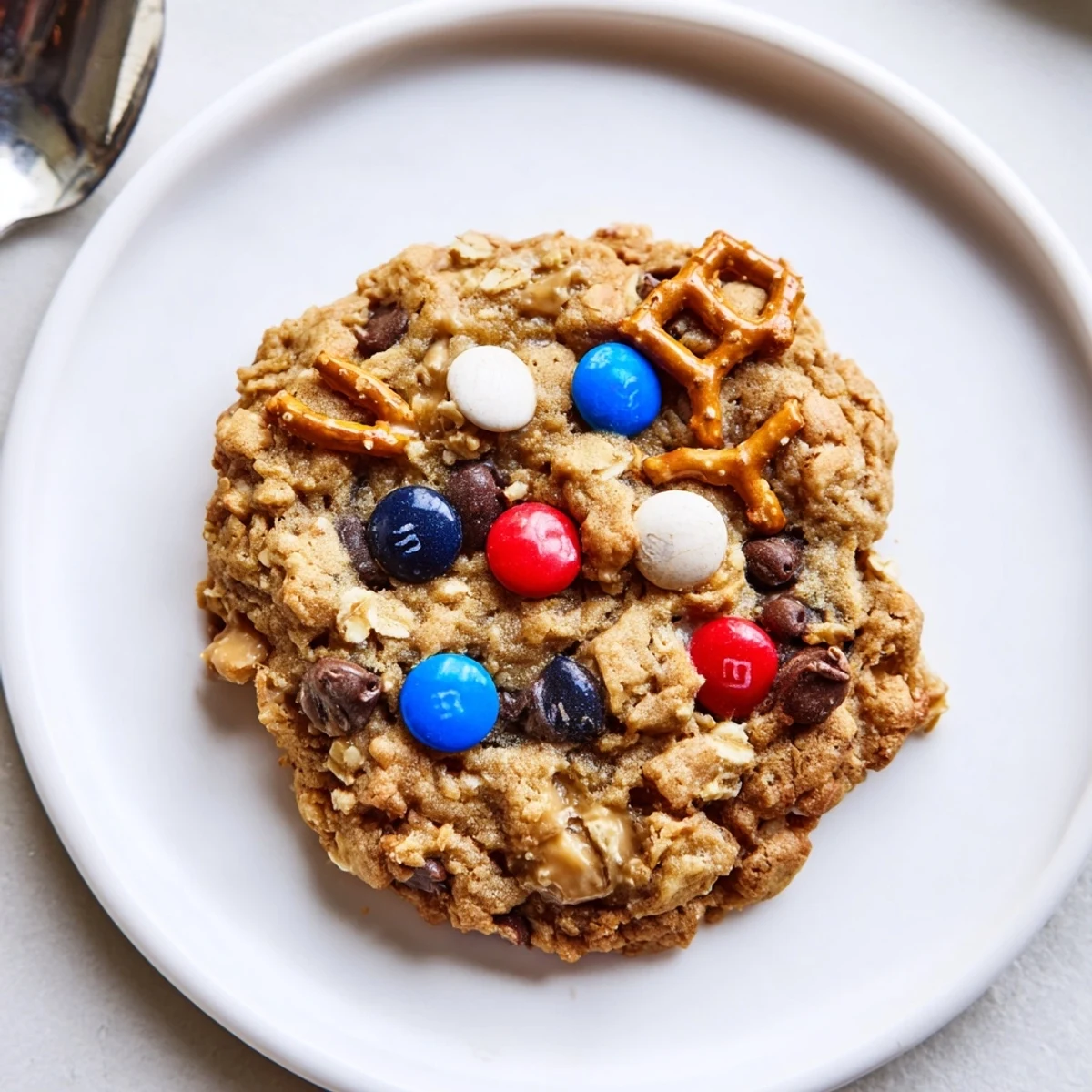 Warm Patriotic Monster Cookies Recipe fresh from oven, melty chocolate chips, colorful candies.
