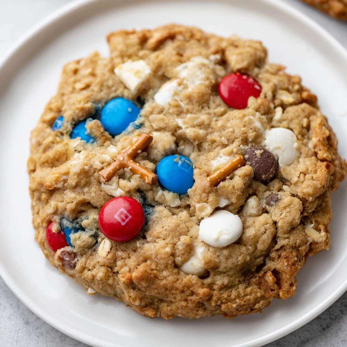 Stacked Patriotic Monster Cookies Recipe served for Fourth of July picnic, crunchy pretzels.