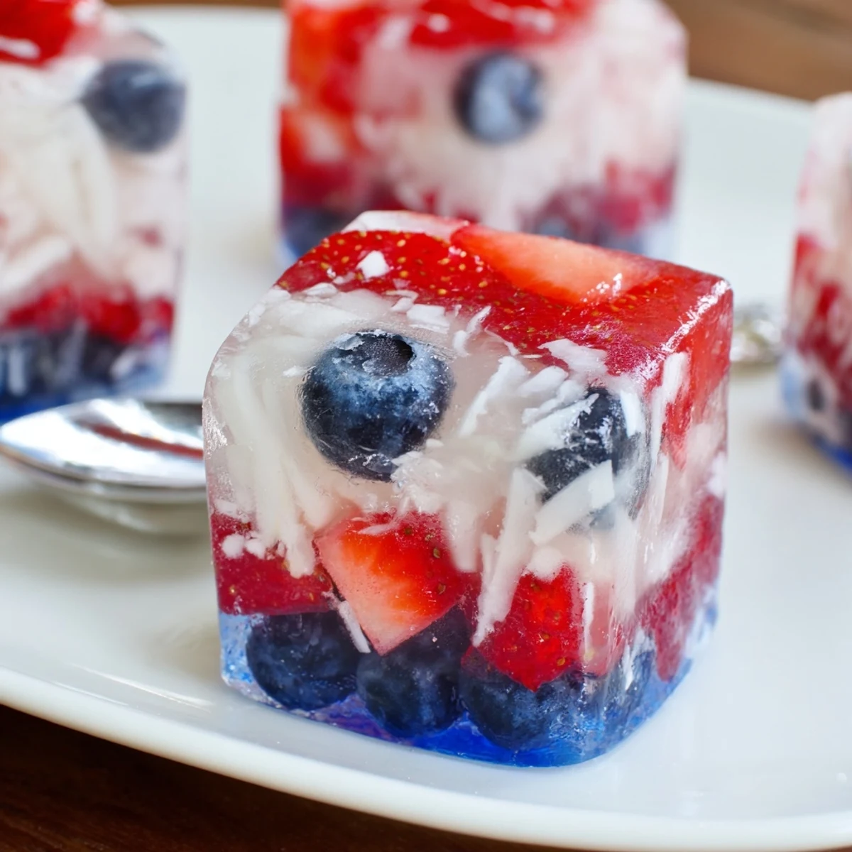 Homemade Red White And Blue Ice Cubes Recipe with fruity layers cooling lemonade.