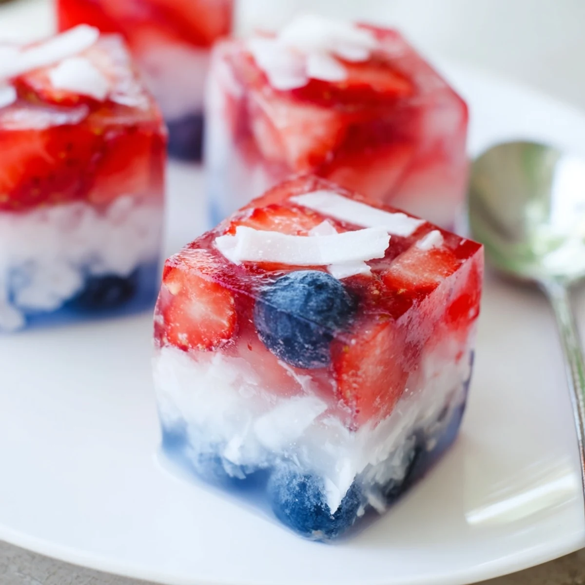 Red White And Blue Ice Cubes Recipe: vibrant berries and coconut floating in glasses.
