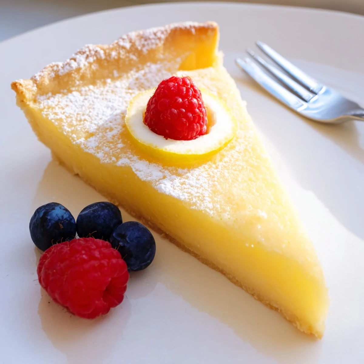 Creamy Lemon Tart Recipe on a golden crust, dusted with powdered sugar