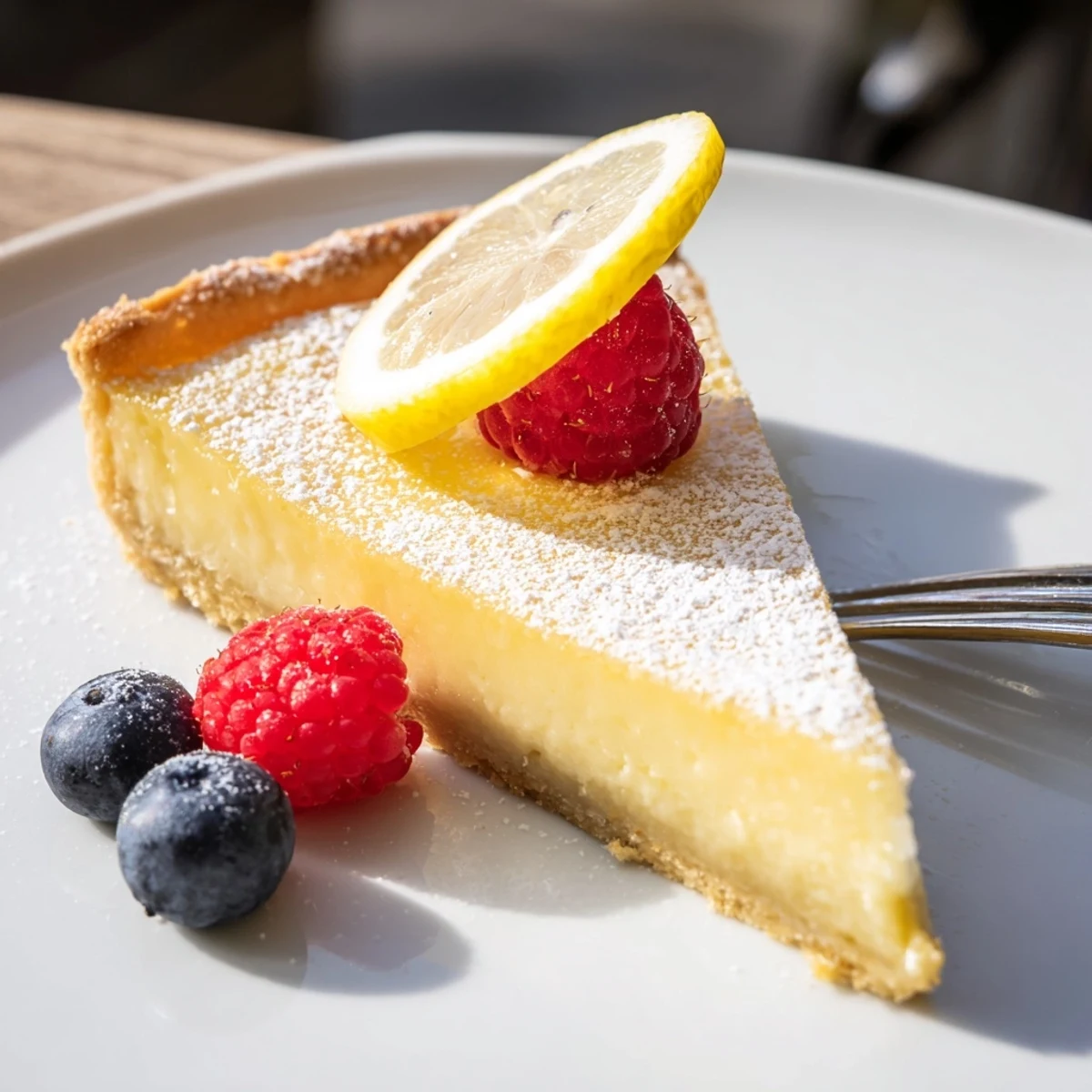 Slice of Creamy Lemon Tart Recipe revealing glossy filling and bright lemon aroma
