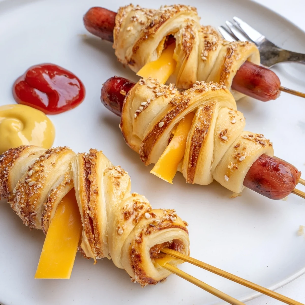 Golden baked Firecracker Hot Dogs Recipe on parchment paper, buttery crust and sesame seeds