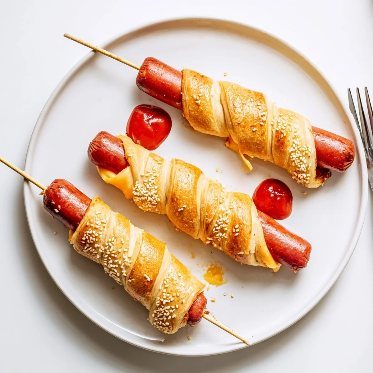 Firecracker Hot Dogs Recipe wrapped in crescent dough, melty cheese oozing from ends
