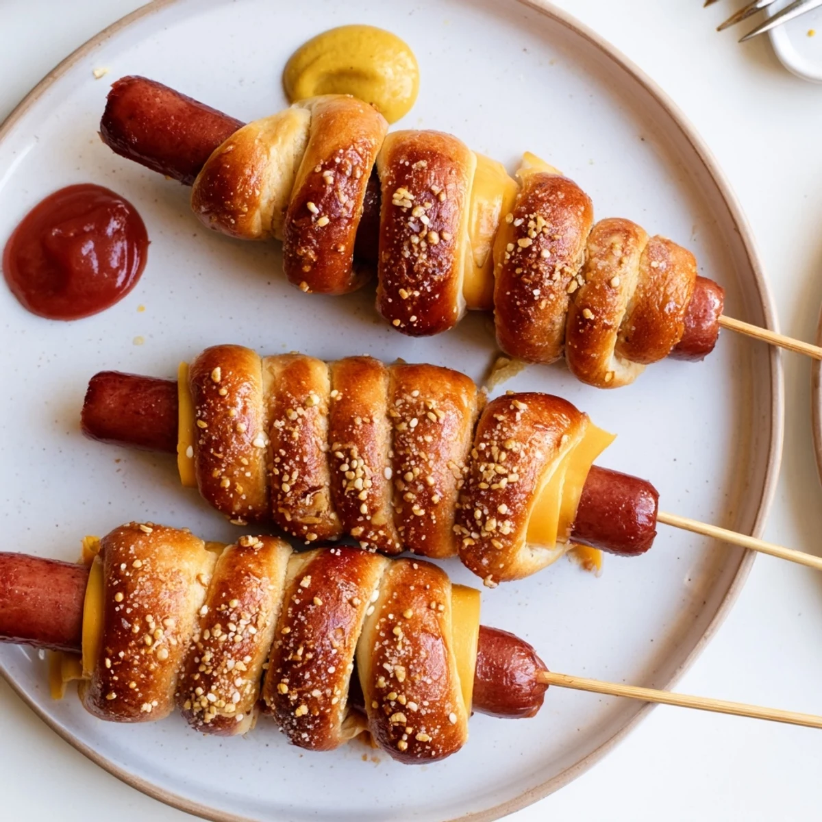 Skewered Firecracker Hot Dogs Recipe served warm with ketchup, mustard for backyard parties