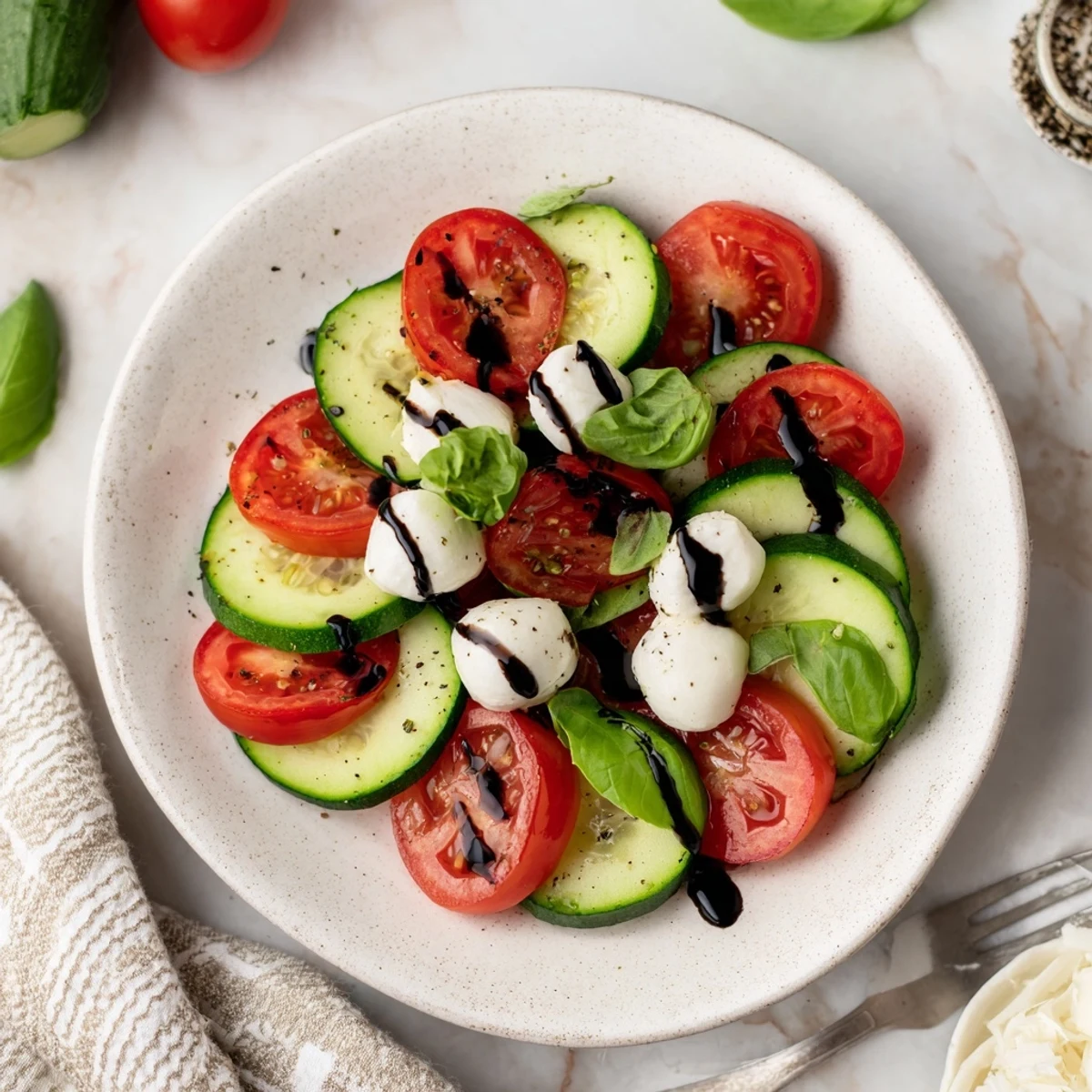 Juicy Cucumber Caprese Salad with glossy balsamic glaze, fresh basil, chilled  