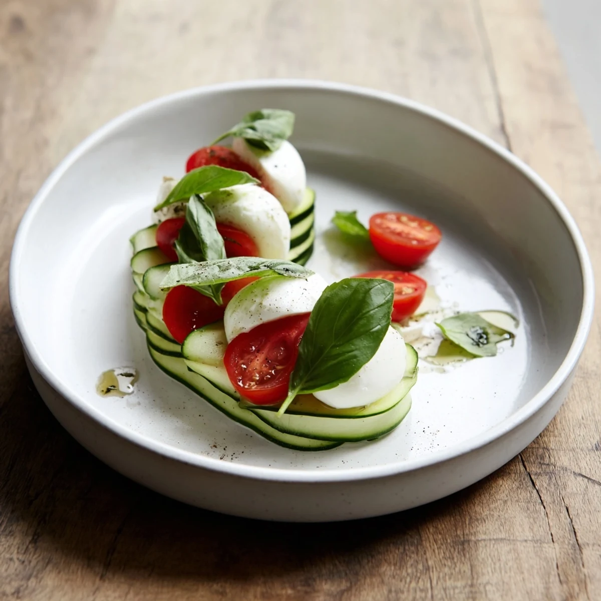 Slices of Juicy Cucumber Caprese Salad dotted with creamy mozzarella and tomatoes