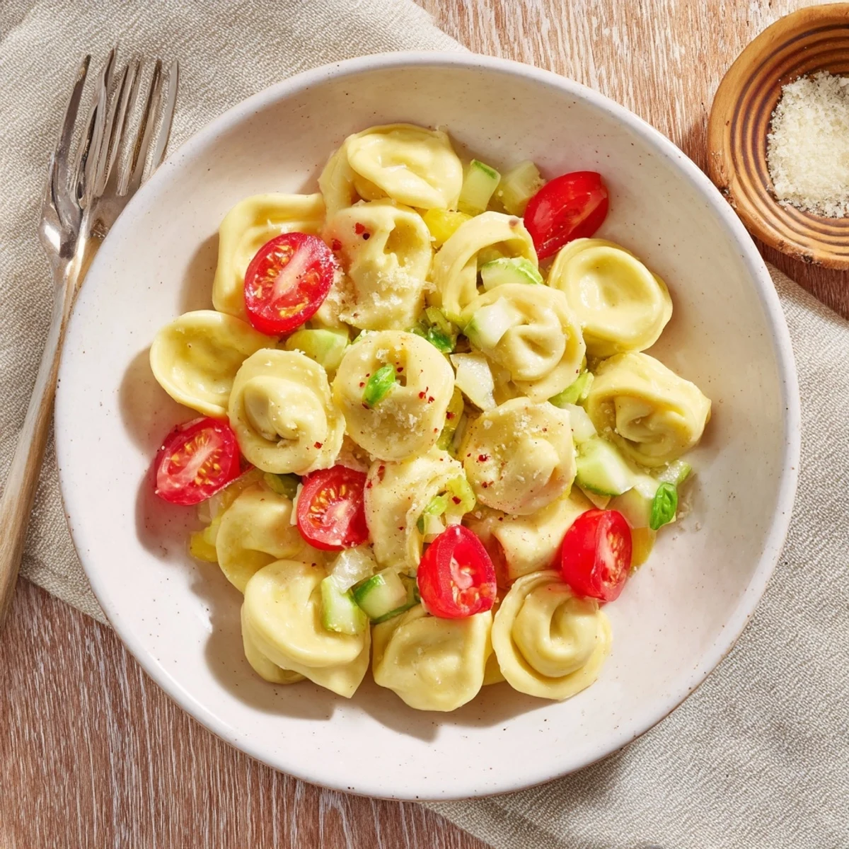 Tortellini Pasta Salad with colorful cherry tomatoes and cool basil garnish