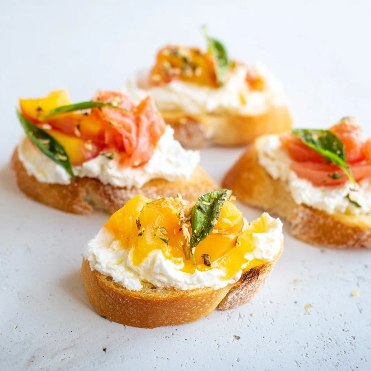 Bright Peach Bruschetta With Whipped Ricotta, juicy peach slices and flaky salt.  