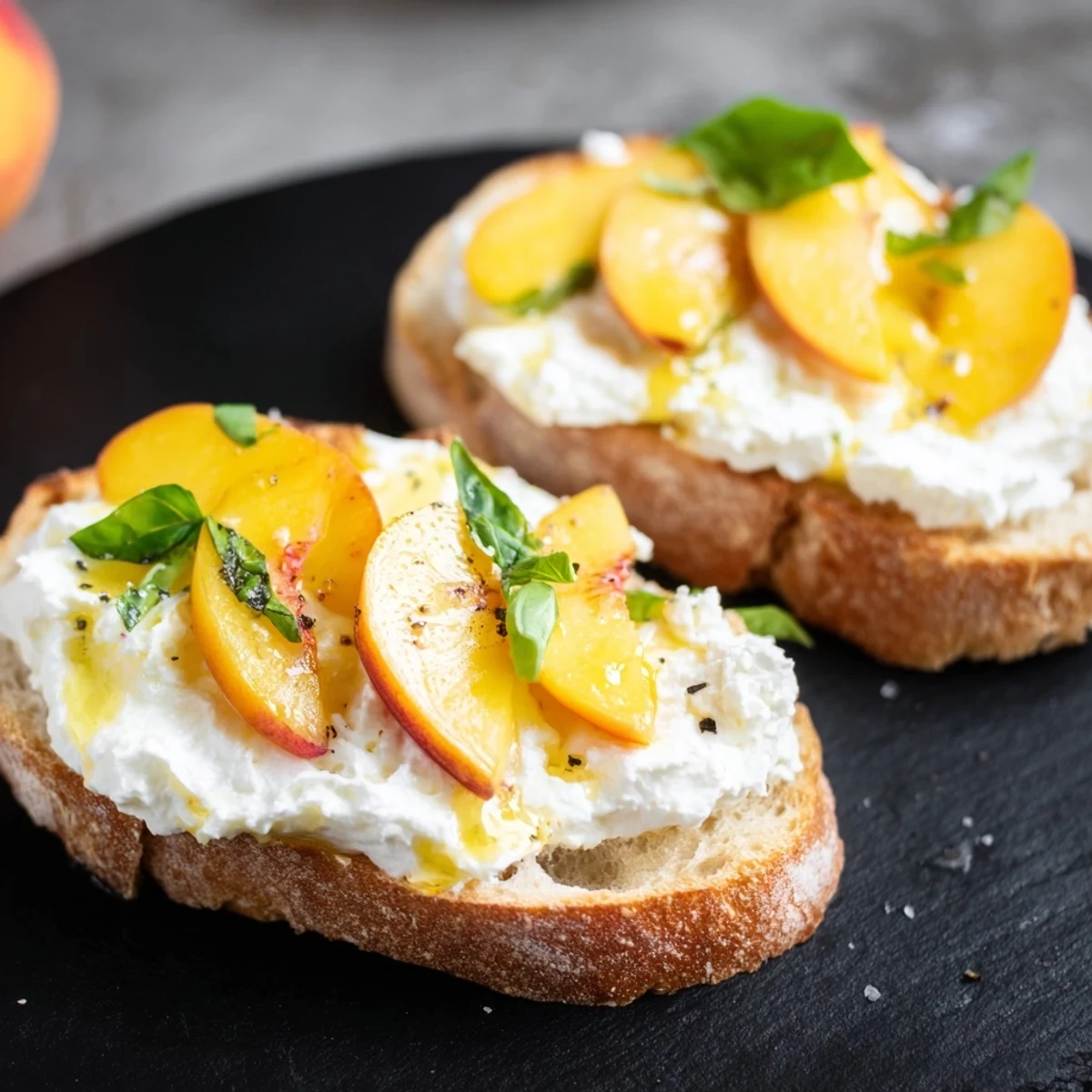 Serve Peach Bruschetta With Whipped Ricotta immediately; silky topping, crisp baguette.