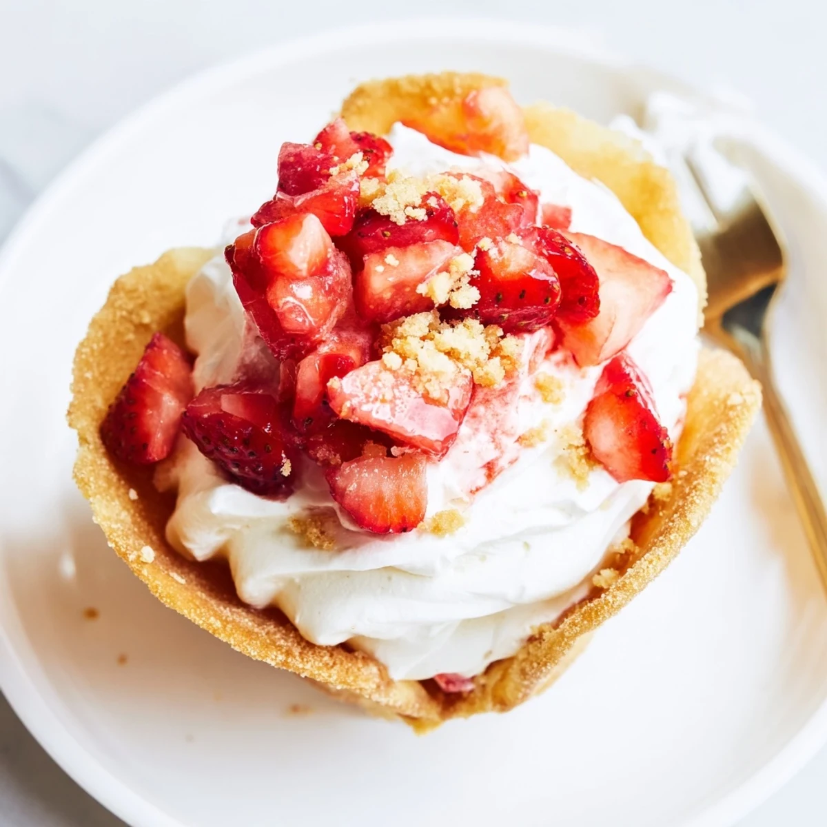 Buttery cinnamon shells hold Strawberry Crunch Cheesecake Tacos topped with fresh diced strawberries