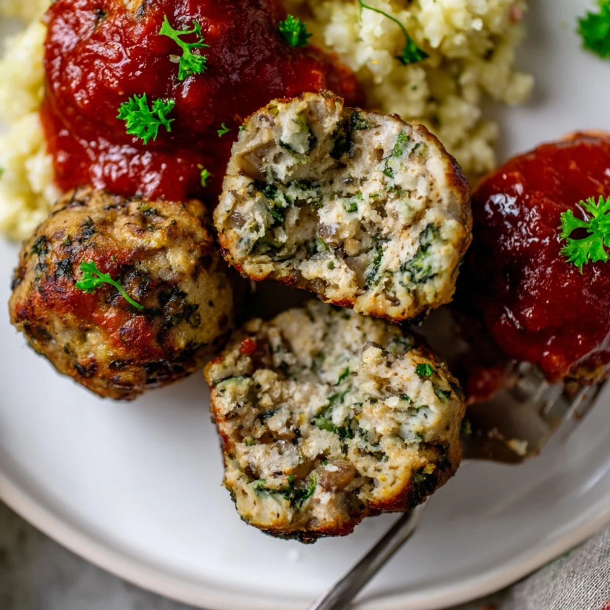 Low Carb Spinach Chicken Meatballs glistening golden, served with cauliflower rice