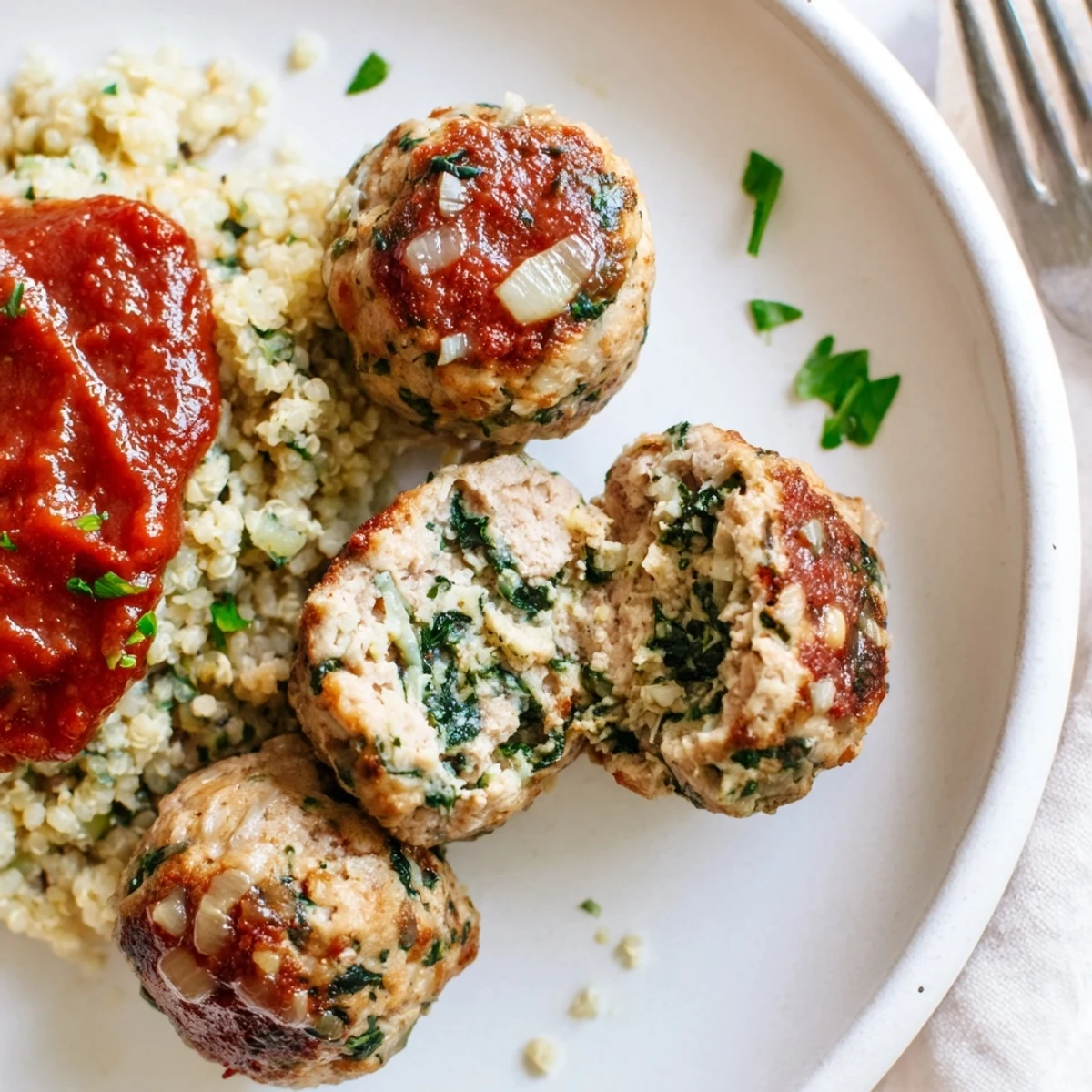 Warm Low Carb Spinach Chicken Meatballs resting on parchment, topped with parsley