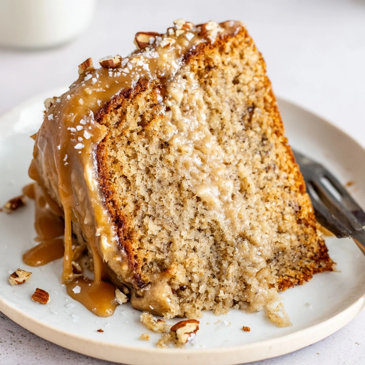 Salted Caramel Brown Butter Banana Cake Recipe with glossy caramel drizzle, flaky sea salt