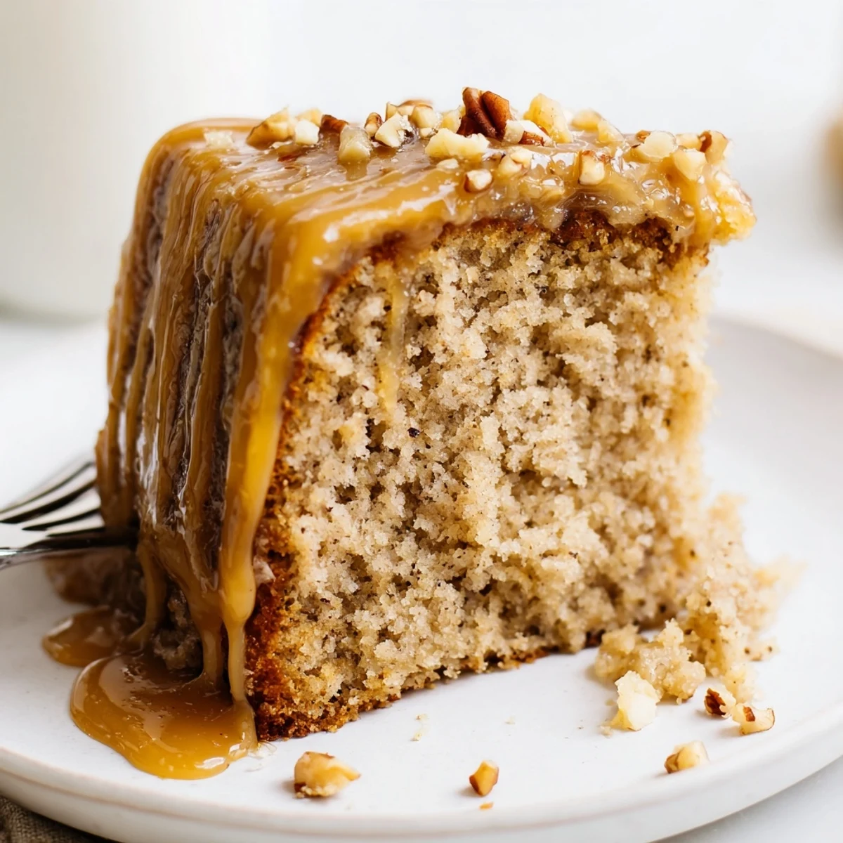 Moist Salted Caramel Brown Butter Banana Cake Recipe topped with toasted pecans