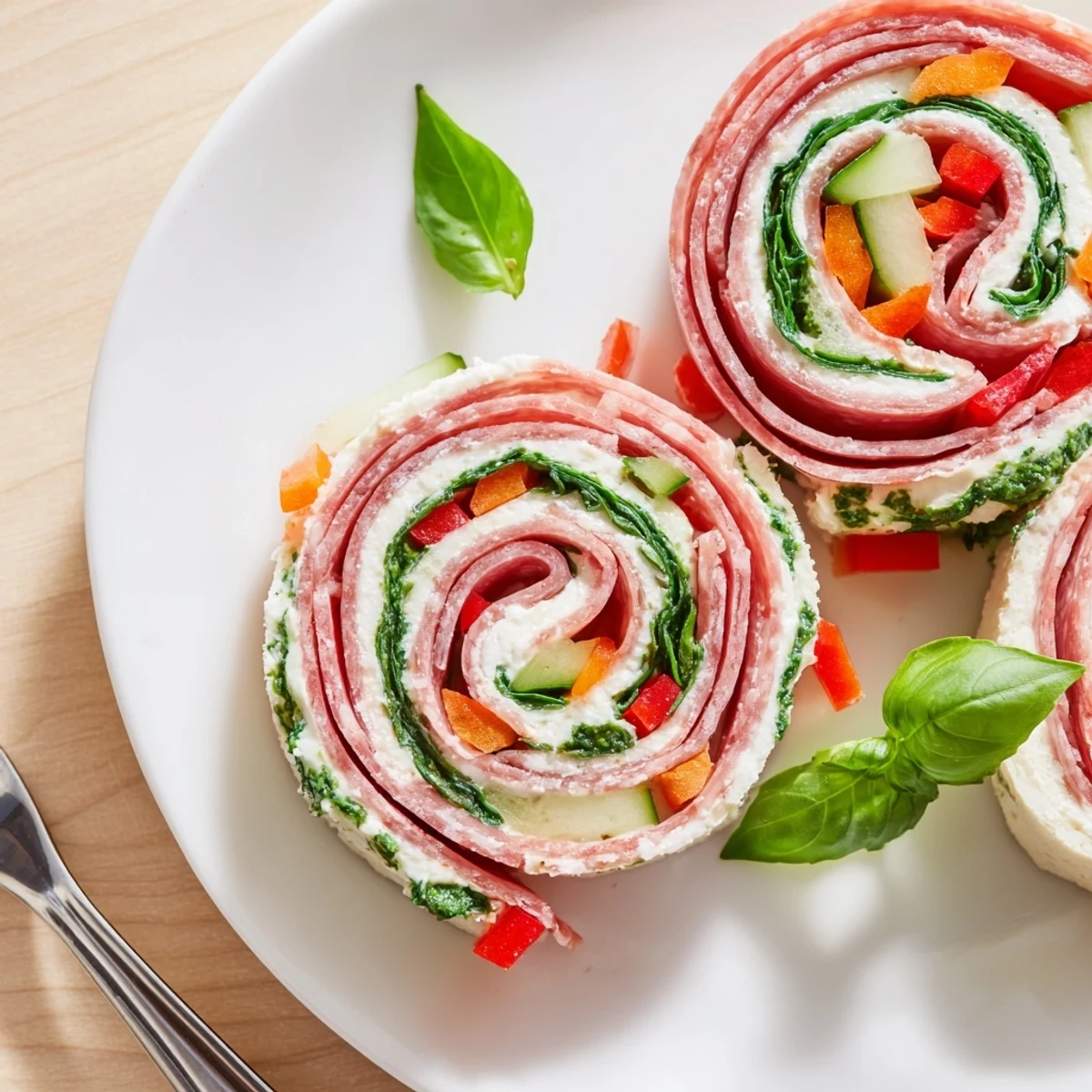 Italian Pinwheel Sandwiches arranged on platter, cream cheese swirl and colorful veggies