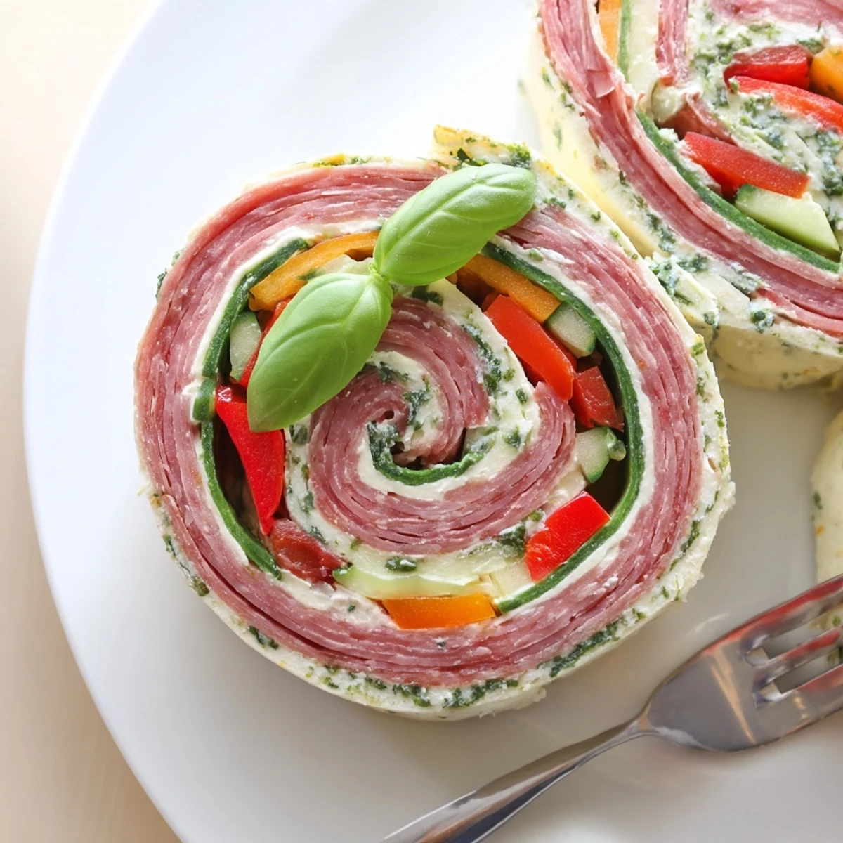 Savory Italian Pinwheel Sandwiches chilled on board, crunchy peppers and pesto aroma
