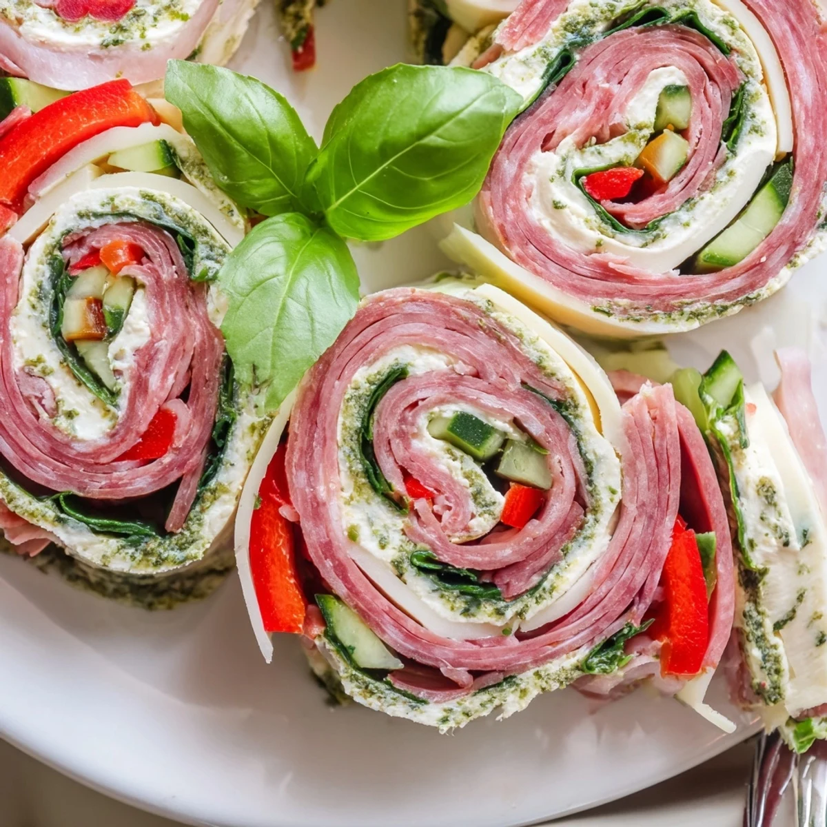 Bright, bite-sized Italian Pinwheel Sandwiches sliced neatly, basil garnish and creamy filling