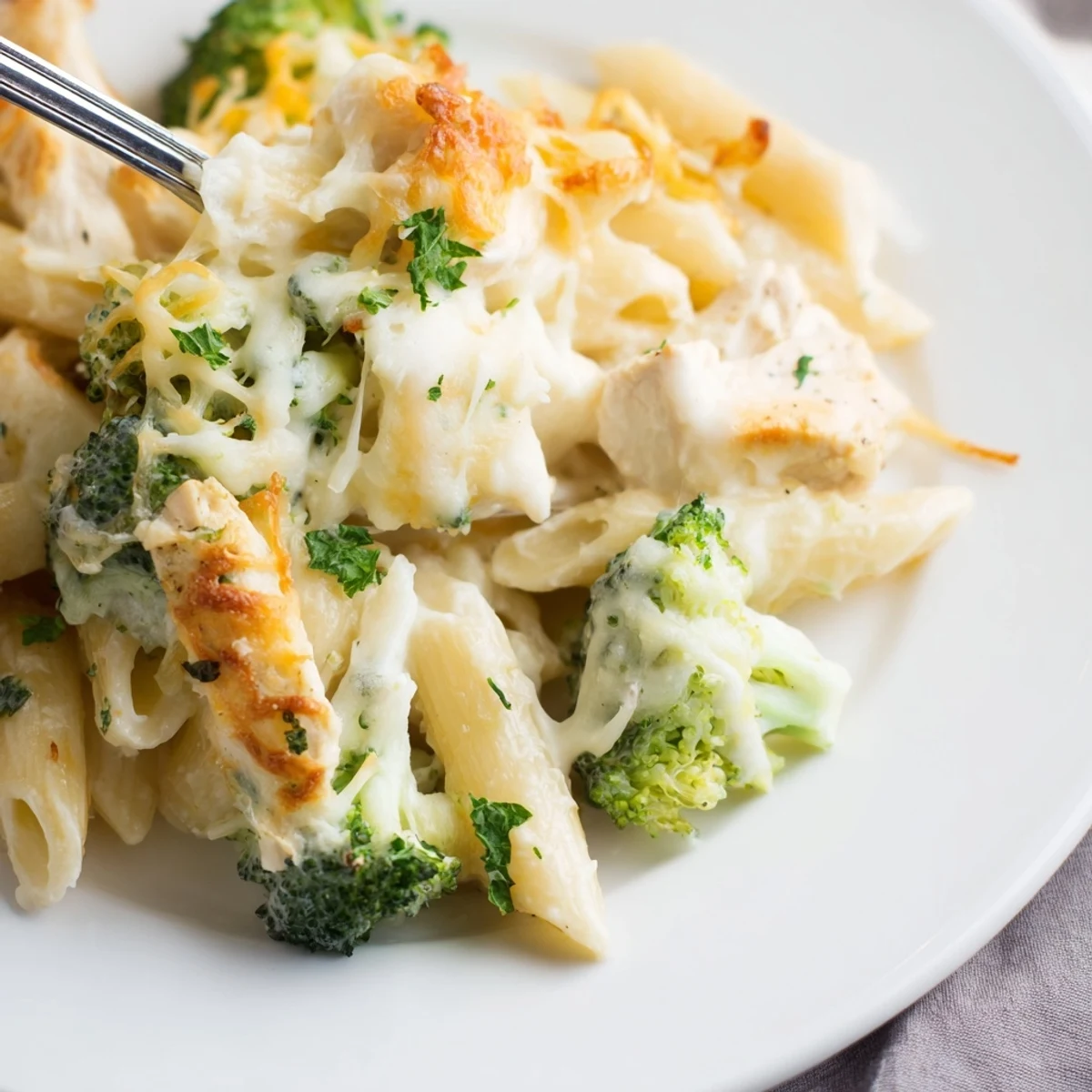 Chicken Broccoli Alfredo Bake bubbling golden with melted cheese, parsley garnish