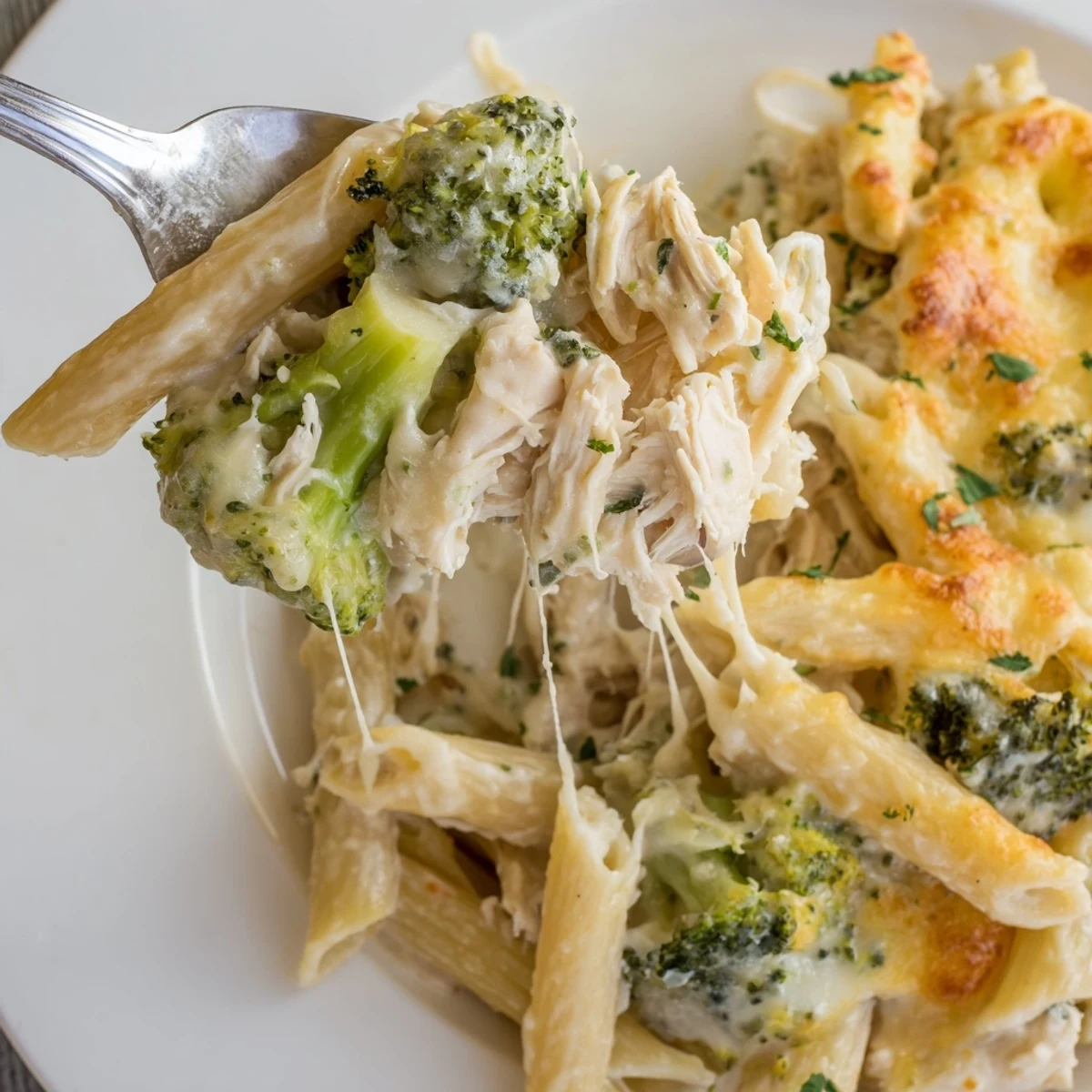 Creamy Chicken Broccoli Alfredo Bake served hot with garlic bread nearby