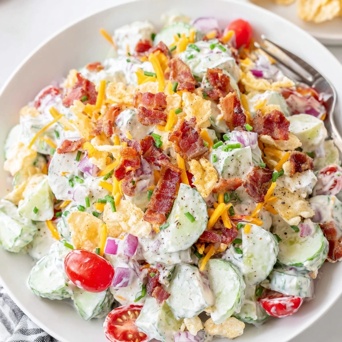 Creamy Cucumber Ranch Crack Salad with cheddar, crushed chips for crunchy topping