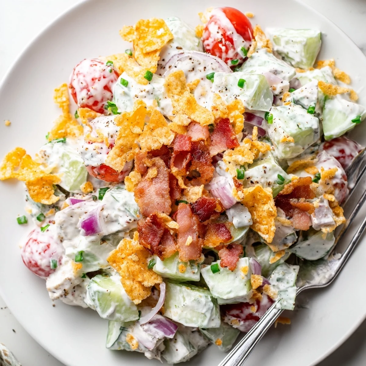 Cucumber Ranch Crack Salad piled in bowl, crisp cucumbers and smoky bacon