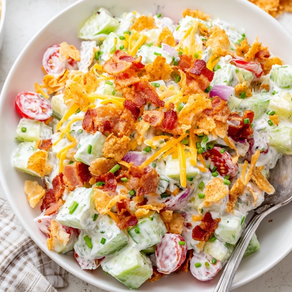 Party-ready Cucumber Ranch Crack Salad garnished with chives, served chilled alongside grilled meats