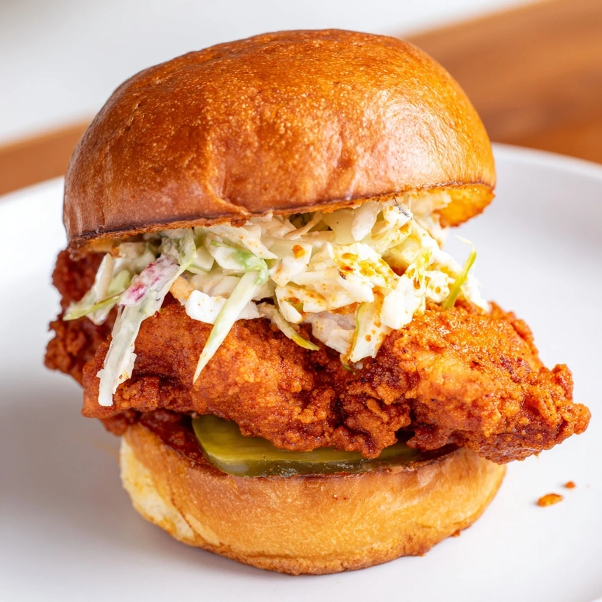 Crispy fried Spicy Nashville Hot Chicken Sandwiches resting on toasted brioche, steam rising
