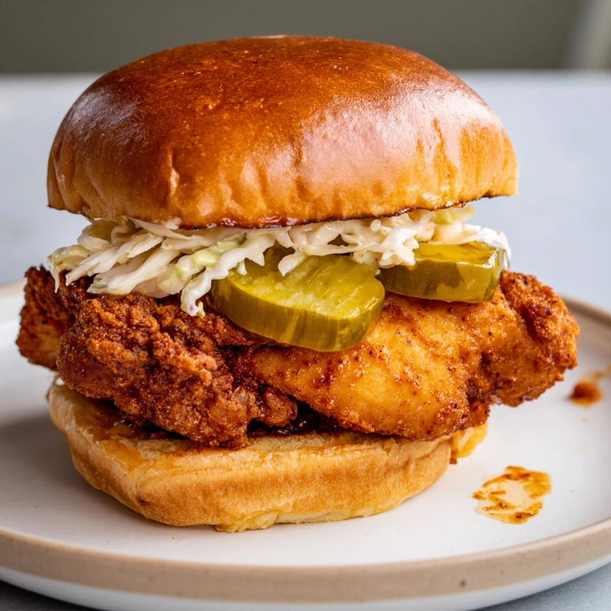 Spicy Nashville Hot Chicken Sandwiches with glossy cayenne glaze, crunchy pickles, creamy slaw
