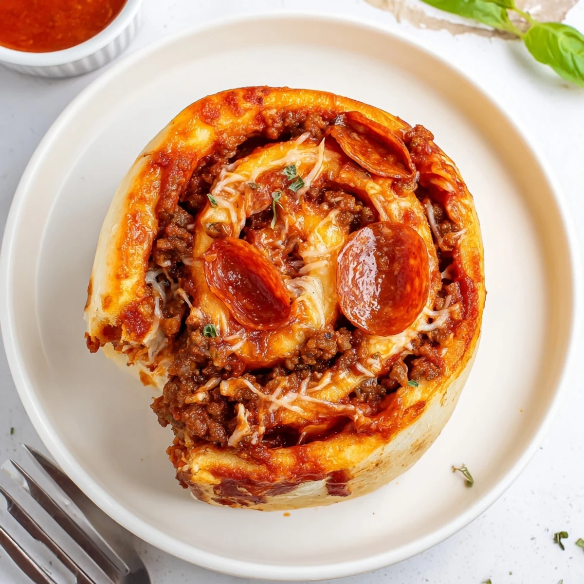 Oven-baked Cheesy Beef Pepperoni Pizza Roll Ups Snack Recipe served with marinara.