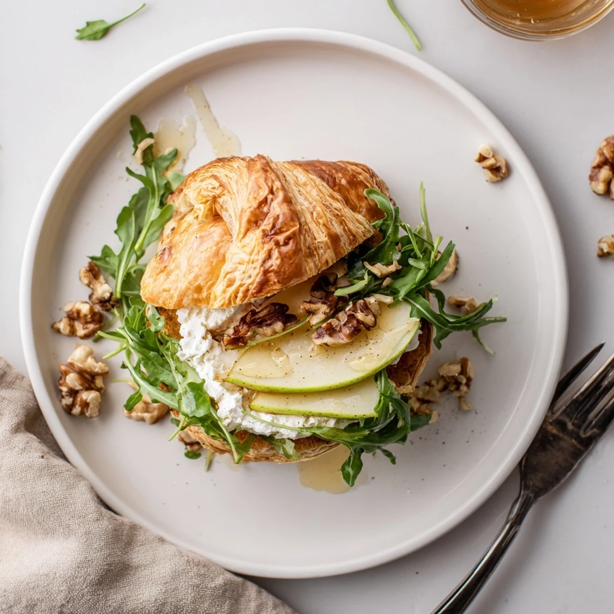 Handheld Apple Goat Cheese Croissant Sandwich served warm or chilled for elegant brunch
