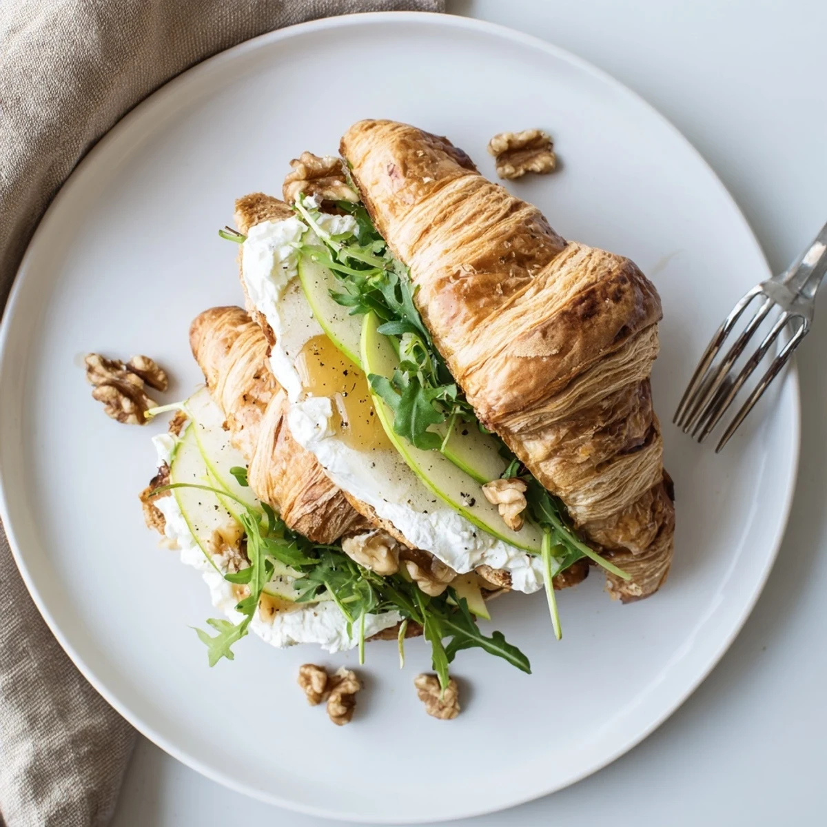 Open-faced Apple Goat Cheese Croissant Sandwich layered with creamy cheese and honey drizzle  