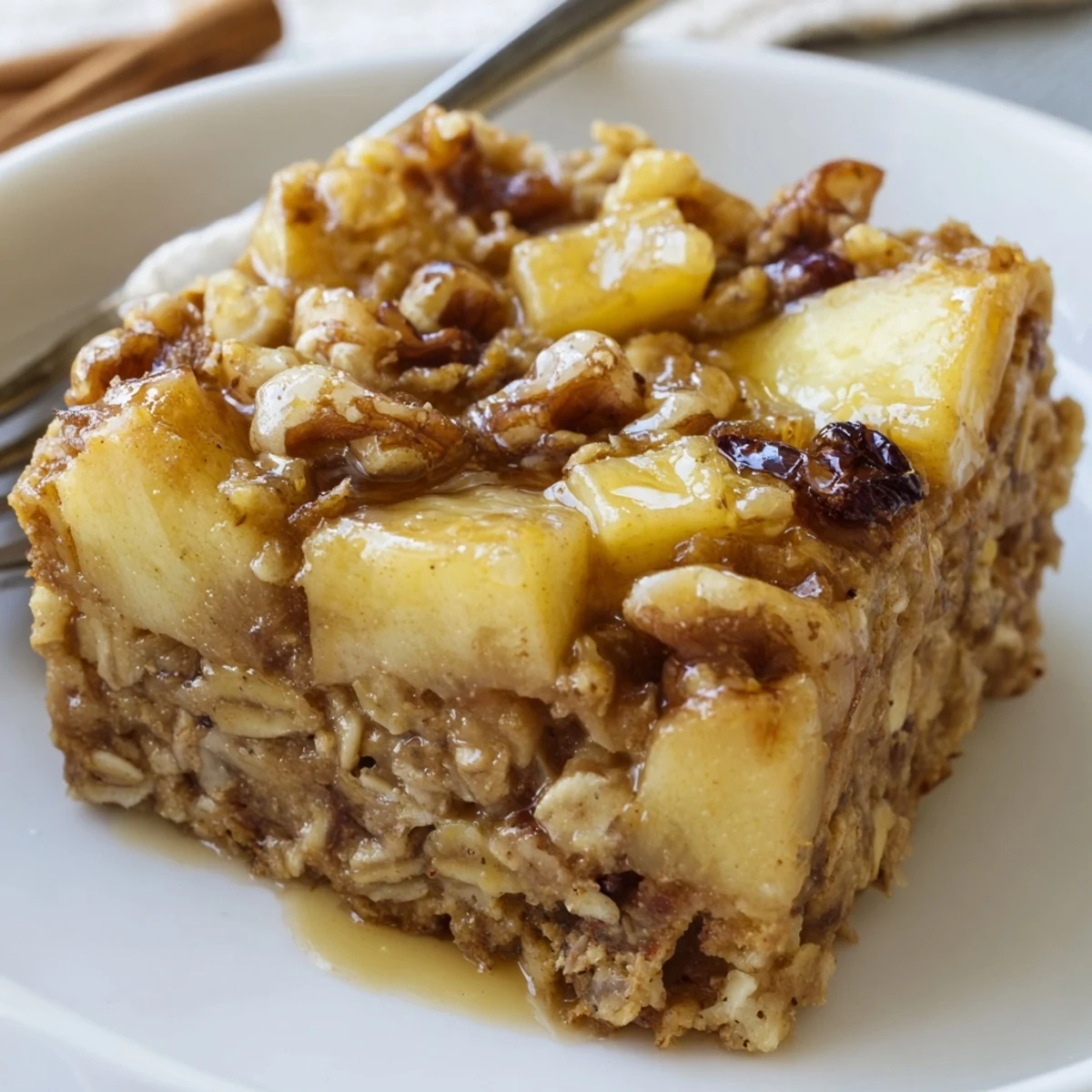 Golden brown Delicious Apple Cinnamon Oatmeal Bake Recipe For Mornings topped with toasted pecans