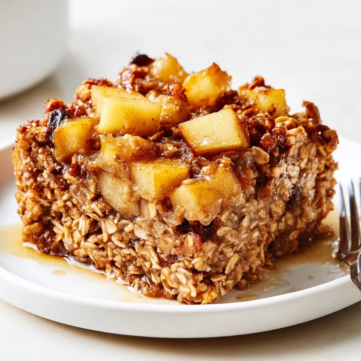 A warm scoop of Delicious Apple Cinnamon Oatmeal Bake Recipe For Mornings with milk