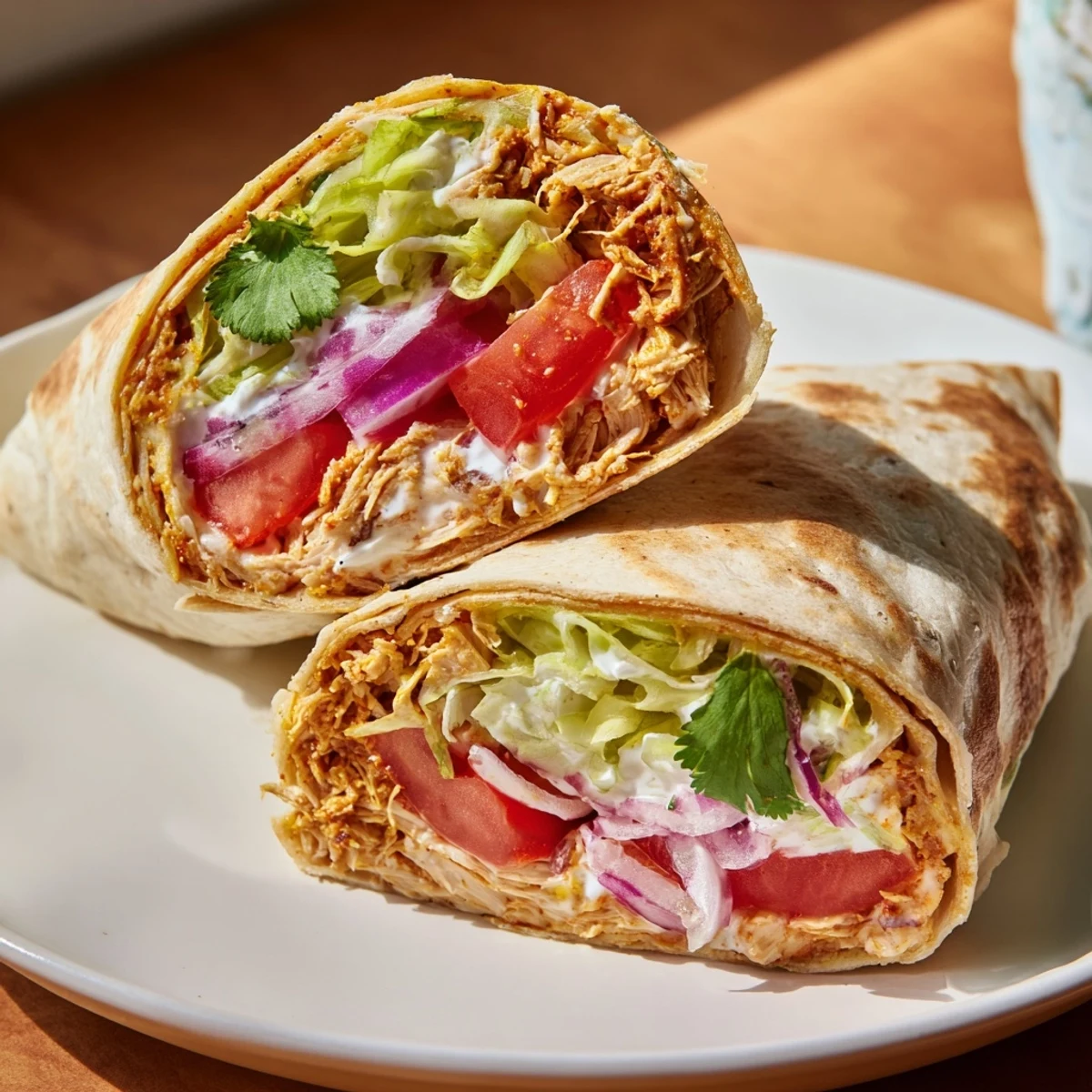 Golden high protein cottage cheese flatbread wraps filled with seasoned chicken and fresh crisp vegetables