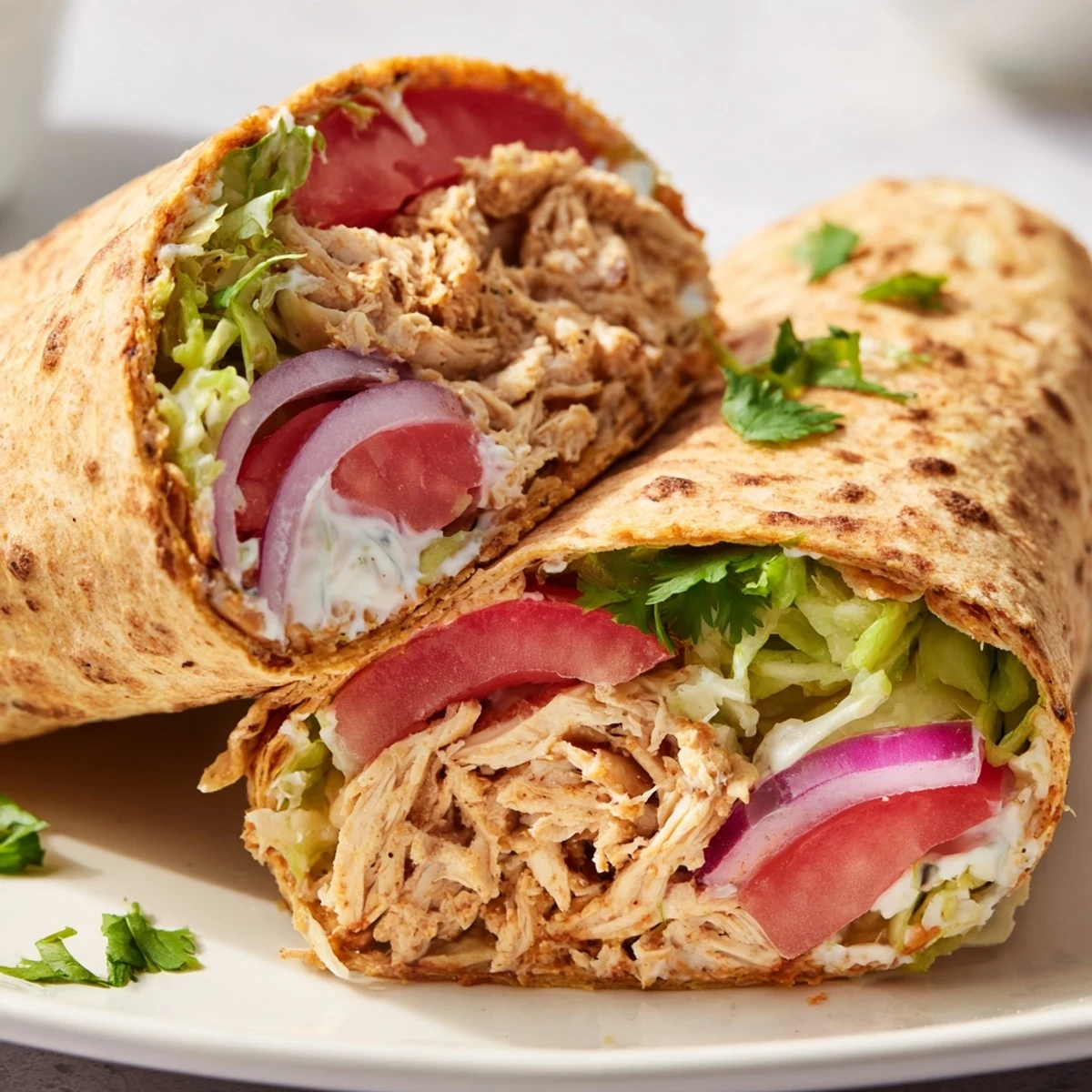 Crispy gluten-free flatbread stuffed with juicy spiced chicken lettuce tomato and tangy Greek yogurt