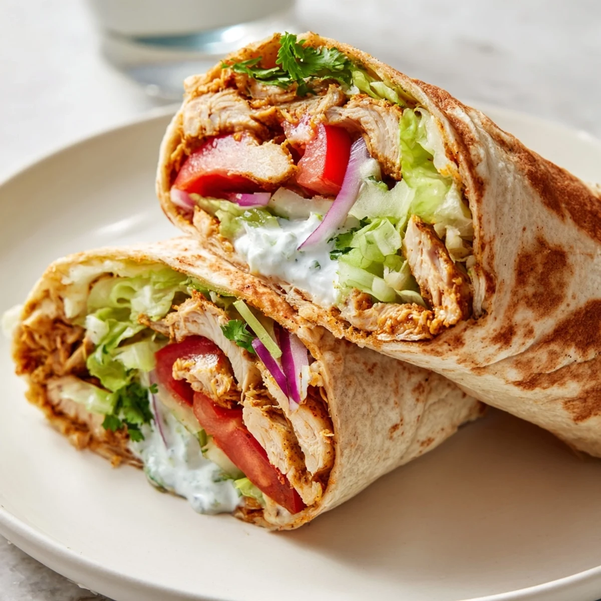Protein-packed cottage cheese flatbread chicken wraps featuring golden edges tender meat and colorful veggie toppings