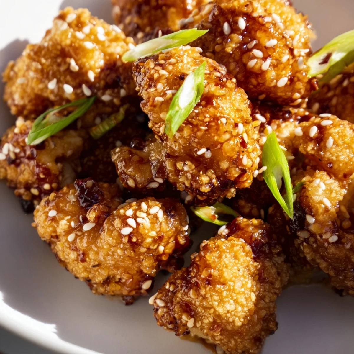 Golden crispy cauliflower florets coated in glossy sticky honey garlic sauce with sesame seeds