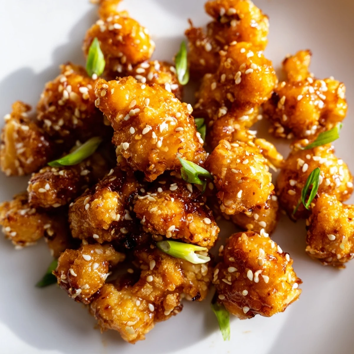 Bite-sized sticky honey garlic cauliflower pieces arranged on a white serving plate with green onions